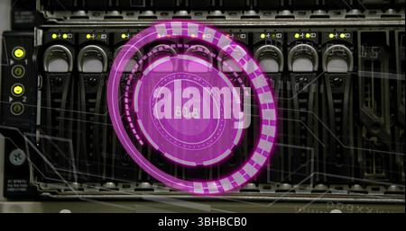Image of purple circle with numbers over servers. Computers, data processing and technology concept digitally generated image. Stock Photo