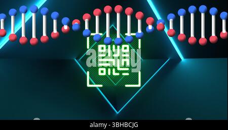 Image of dna strand spinning over qr code and neon light. Online identity, security, business, finance and data processing concept digitally generated Stock Photo