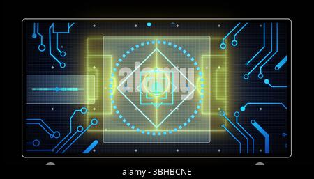 Image of neon stadium over data processing and scope scanning on black background. Global sport and digital interface concept digitally generated imag Stock Photo