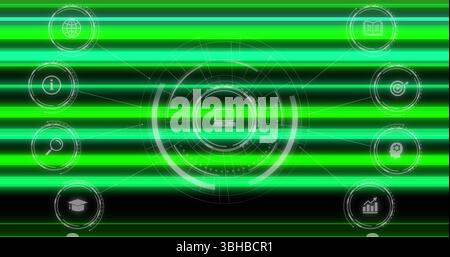 Image of media icons and neon lines over black background. Global business and digital interface concept digitally generated image. Stock Photo