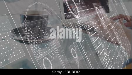 Image of data processing over hands using laptop. Global business and digital interface concept digitally generated image. Stock Photo