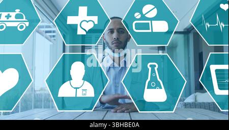 Image of house and qr code over social scientist. Global connections data processing and technology concept digitally generated image. Stock Photo