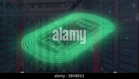 Image of green neon football stadium and data processing over computer server room. Global communication, sports, data and digital interface concept d Stock Photo
