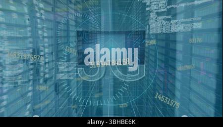 Image of 5g text, statistics and data processing over computer servers in background. Global networks, data processing, digital interface and connecti Stock Photo
