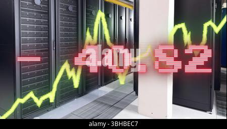 Displaying green line graph with red numeric overlay over black cabinets in data center corridor. Technology, infrastructure, cybersecurity, data stor Stock Photo