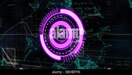 Image of purple circle with numbers over connections on black background. Computers, data processing and technology concept digitally generated image. Stock Photo