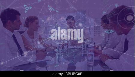 Image of programming code, connecting dots over angry man shouting on coworkers in meeting. Digital composite, multiple exposure, communication, frust Stock Photo