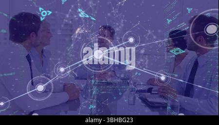 Image of programming text, dots connecting with lines and caucasian team discussing in office. Digital composite, multiple exposure, meeting, coding, Stock Photo