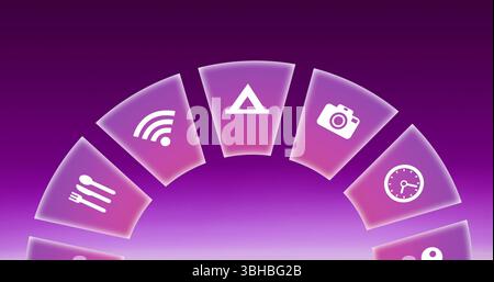 Image of travel icons spinning on pink background. Global travel, technology, digital interface and data processing concept digitally generated image. Stock Photo