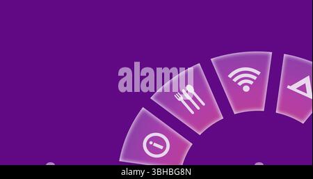 Image of travel icons spinning and copy space on pink background. Global travel, technology, digital interface and data processing concept digitally g Stock Photo