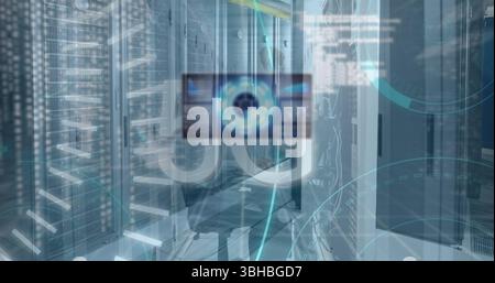 Image of scope scanning and data processing over diverse business people in server room. Global technology, computing and digital interface concept di Stock Photo