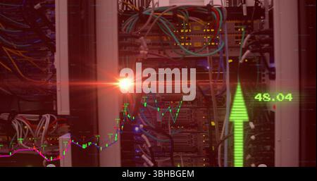 Displaying rack with blinking LEDs, Ethernet cables in datacenter, overlay chart with upward arrow. Technology, data, infrastructure, connectivity, di Stock Photo