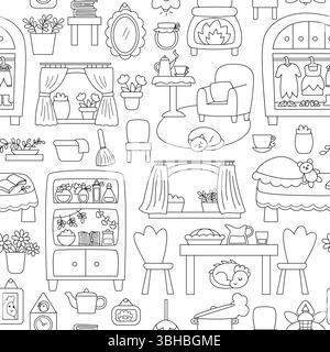 Vector black and white acorn fairy house seamless pattern. Repeat background with woodland princess home decor items. Fantasy forest cottage coloring Stock Vector