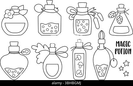 Vector black and white magic potion icons set. Cute glass jars collection with elixir or brew. Woodland princess, fairy or witch line clipart pack. Fa Stock Vector