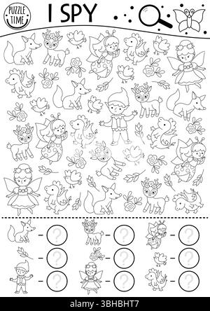 Black and white fairytale I spy game for kids with fantasy creatures ...