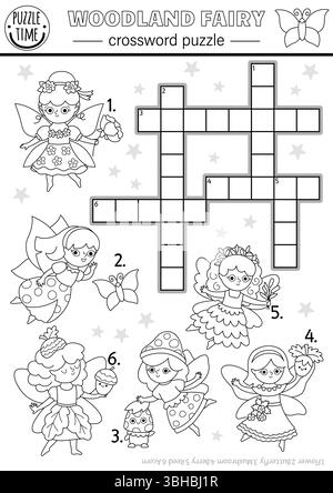 Vector black and white fairyland crossword puzzle for kids. Simple quiz with flower, bug, acorn, swamp, berry fairy. Woodland educational cross word c Stock Vector