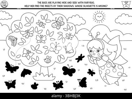 Woodland fairy black and white shadow matching activity with girl playing hide and seek with bugs on tree. Magic forest puzzle with princess, insects. Stock Vector