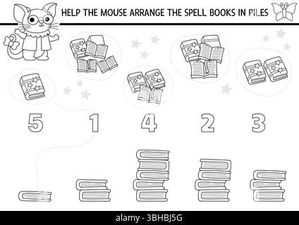 Match the numbers black and white fairyland game with mouse arranging spell books in piles. Woodland princess math activity, coloring page for kids. F Stock Vector