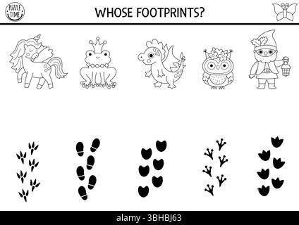 Woodland fairy black and white matching activity with magical creatures and their footprints. Fantasy forest puzzle with unicorn, dragon, frog prince, Stock Vector
