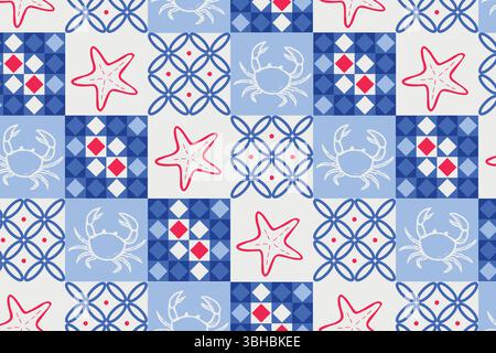 Seamless tile pattern with nautical elements like crabs, starfish, and geometric motifs in red, white, and shades of blue. Fresh and playful coastal Stock Vector
