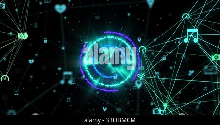 Image of neon circles over network of connections with icons in black space. Global network, connections and technology concept digitally generated im Stock Photo