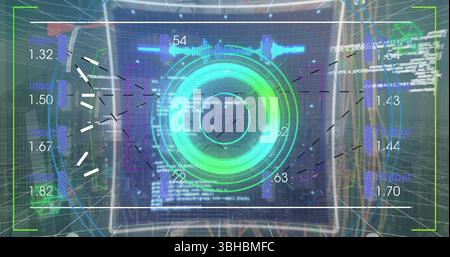 Image of processing circle and financial data on digital screen with glitch over wires. Global finance, economy, data processing and technology concep Stock Photo