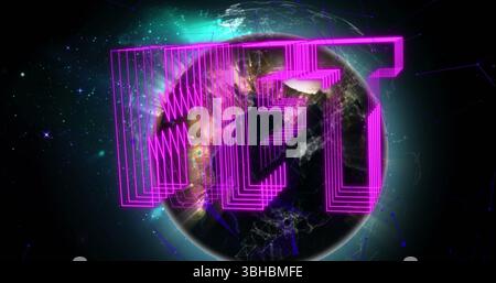 Image of nft text in purple over globe. Global cryptocurrency, computing, connections, data processing and digital interface concept digitally generat Stock Photo