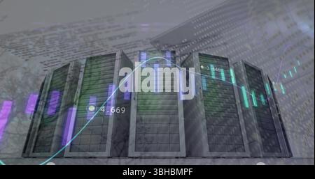 Displaying six black server cabinets at data center, with LED strips, chart overlays, code streams. Technology, data, infrastructure, digital, futuris Stock Photo