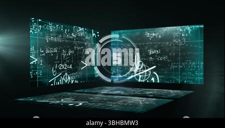 Floating countdown timer displaying five in virtual chamber, with holographic screens and equations. Futuristic, virtual, holographic, digital, immers Stock Photo