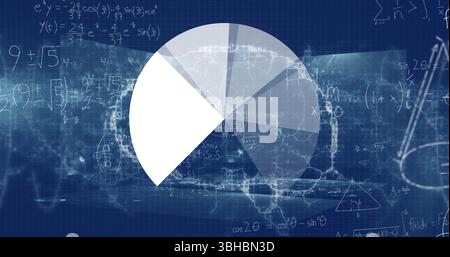 Displaying segmented pie chart overlaying dark blue interface with math formulas and network nodes. Data visualization, infographics, modern design, s Stock Photo