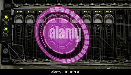 Image of purple circle with numbers over servers. Computers, data processing and technology concept digitally generated image. Stock Photo