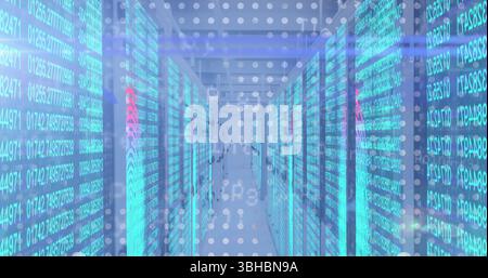Corridor of server racks displaying cyan code overlay in data center, with LED indicator lights. Futuristic, technology, network, digital, infrastruct Stock Photo