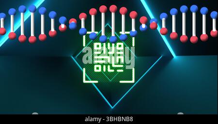 Image of dna strand spinning over qr code and neon light. Online identity, security, business, finance and data processing concept digitally generated Stock Photo
