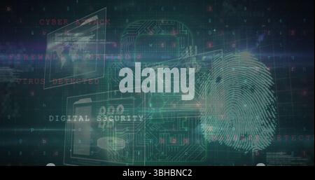 Image of digital padlock with integrated circuit and fingerprint over data on digital screens. Data safety, digital security, global network and techn Stock Photo