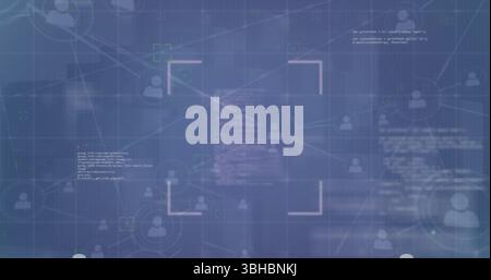 Scanning bracketed frame over interface, showing connected user icons, lines, code and neon markers. Technology, cybersecurity, digital connectivity, Stock Photo