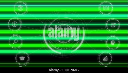 Image of media icons and neon lines over black background. Global business and digital interface concept digitally generated image. Stock Photo
