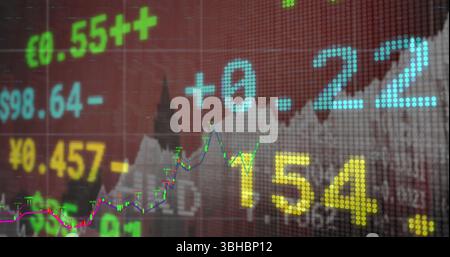 Displaying pixelated currency values and line chart on virtual dashboard interface with red grid. Technology, finance, data visualization, digital, an Stock Photo