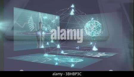 Projecting holographic interface above laptop on desk, with data panels and floating 3D brain model. Futuristic, innovation, digital, technology, inte Stock Photo
