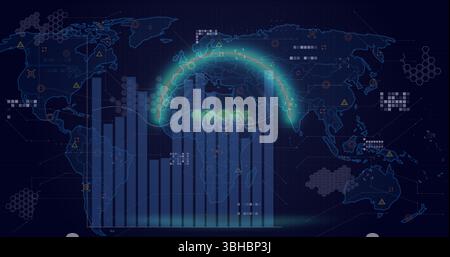 Image of neon circle with 100 percent over digital screen with world map and graphs. Global finance, economy and technology concept digitally generate Stock Photo