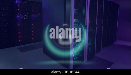 Image of neon circle with battery over servers. Digital screen, interface and technology concept digitally generated image. Stock Photo