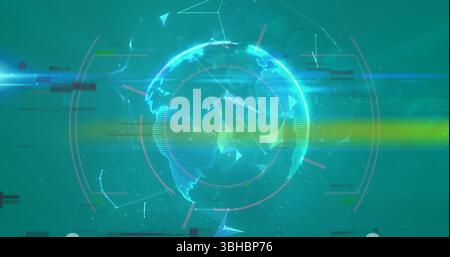 Image of globe with shapes over interference. Global business and digital interface concept digitally generated image. Stock Photo