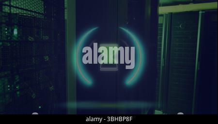 Image of neon circle with hourglass over servers. Global computers, network, data and technology concept digitally generated image. Stock Photo