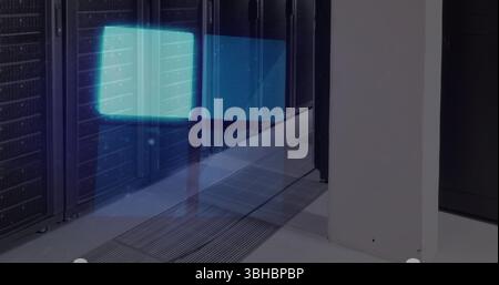 Image of flashing blue neon squares data loading, over computer server room. Global communication, business, data and digital interface concept digita Stock Photo