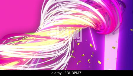 Image of confetti falling over network of fibre optic strands. Data processing, connections and digital interface concept digitally generated image. Stock Photo