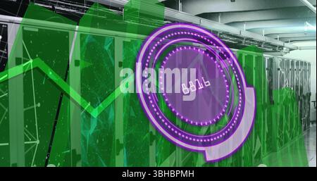 Image of purple circle with numbers over graphs and servers. Computers, data processing and technology concept digitally generated image. Stock Photo