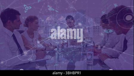 Image of programming code, connecting dots over angry man shouting on coworkers in meeting. Digital composite, multiple exposure, communication, frust Stock Photo