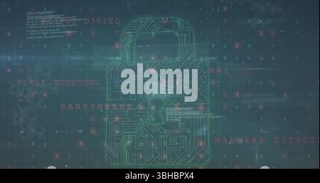 Image of digital padlock with integrated circuit and fingerprint over numbers and cybercrime Stock Photo