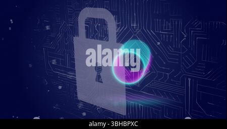 Image of neon circles over integrated circuit and digital padlock Stock Photo