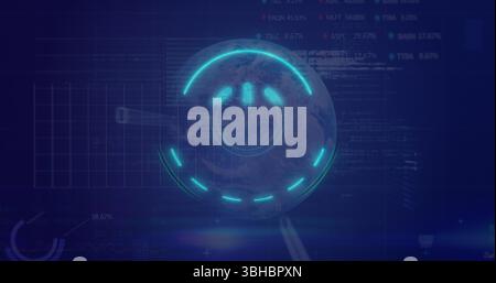 Image of processing circle with power button over digital screen with globe and financial data Stock Photo