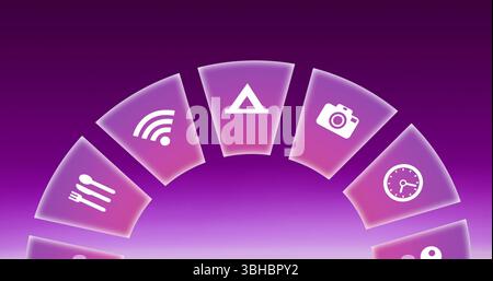 Image of travel icons spinning on pink background. Global travel, technology, digital interface and data processing concept digitally generated image. Stock Photo